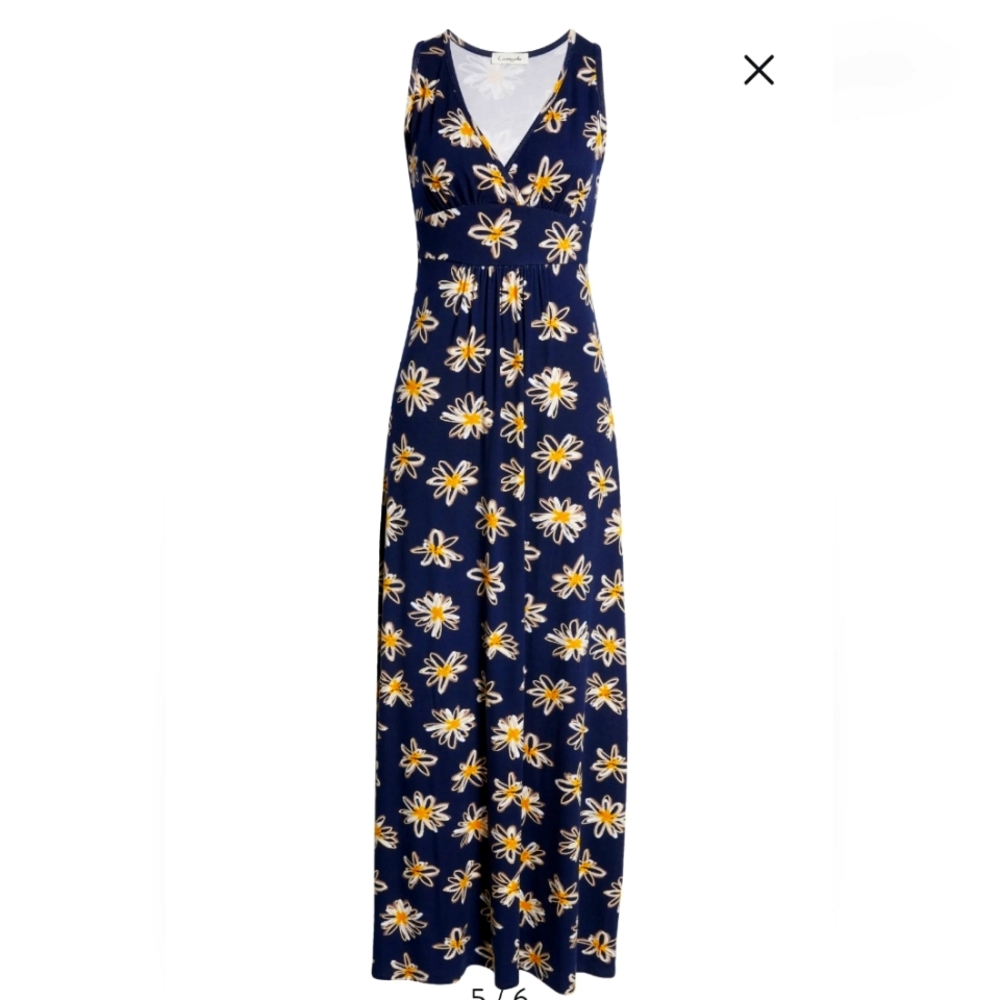 V-neck knit maxi in navy and yellow floral